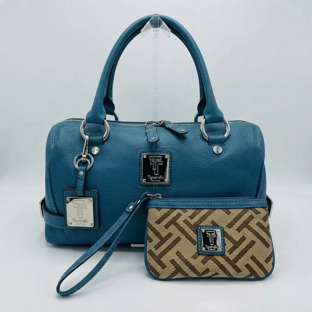 Tignanello Womens Satchel Large Teal Leather Dome Bag Matching Wristlet NWT